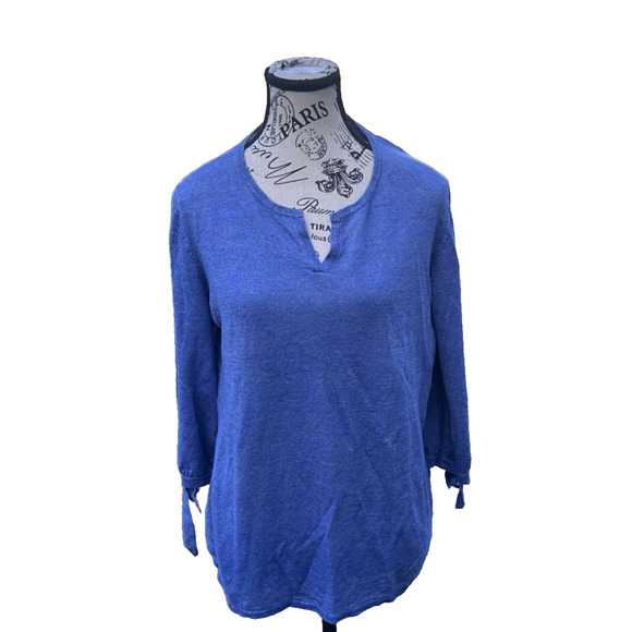 Talbots Knit Sweater Top 100% Linen Blue Tied 3/4 Sleeves Womens Sz M Minimalist - Picture 1 of 9